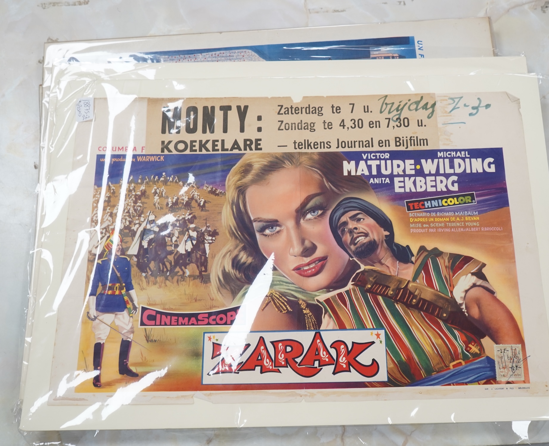 Seven original Belgian 1950’s film posters to include ‘Les Bas-Fonds de Chicago’, 38cm x 54cm